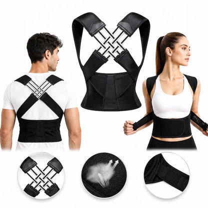 Mulher utilizando corretor postural respirável com tiras cruzadas para melhorar a postura e reduzir desconforto nas costas