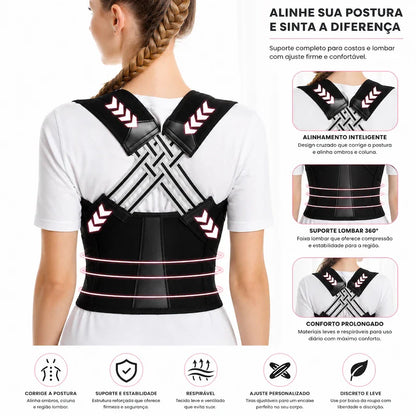 Corretor postural ajustável unissex preto proporcionando alinhamento das costas e sustentação lombar no uso diário Livreconforto