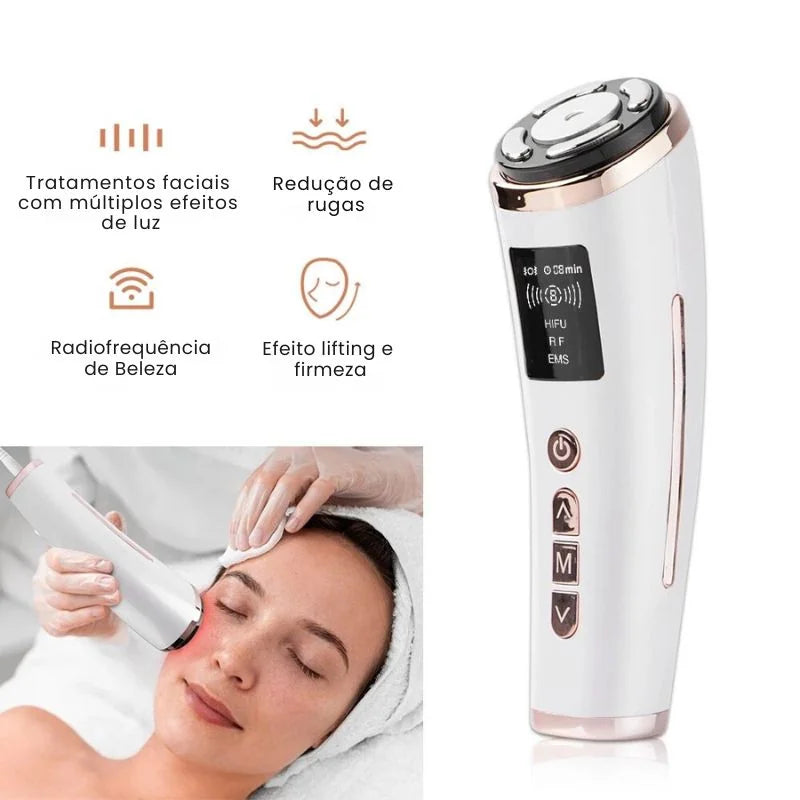 Massageador elétrico facial com radiofrequência e microcorrente para firmeza da pele