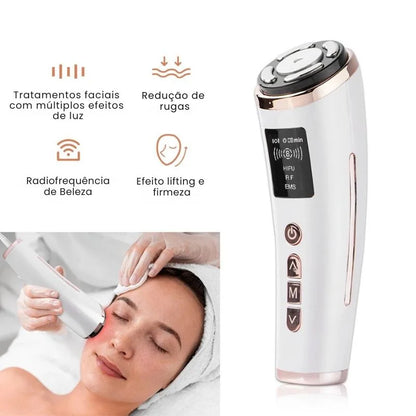 Massageador elétrico facial com radiofrequência e microcorrente para firmeza da pele