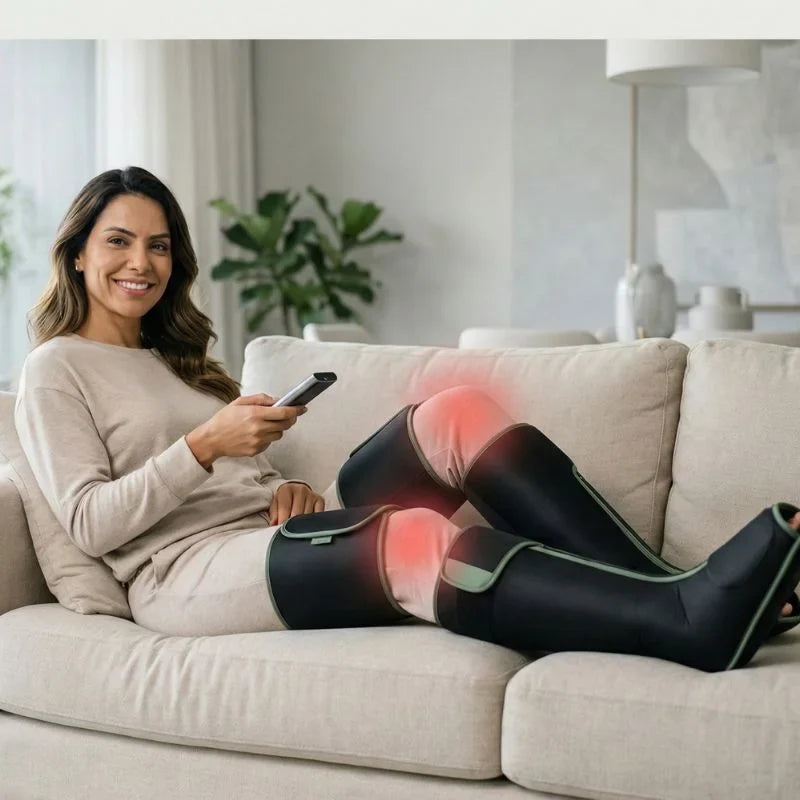 Mulher relaxando com massageador elétrico de pernas utilizando tecnologia de aquecimento inteligente.