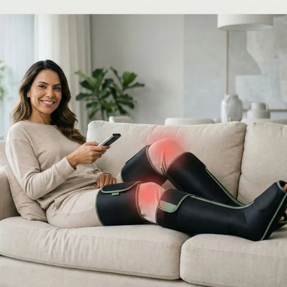 Mulher relaxando com massageador elétrico de pernas utilizando tecnologia de aquecimento inteligente.
