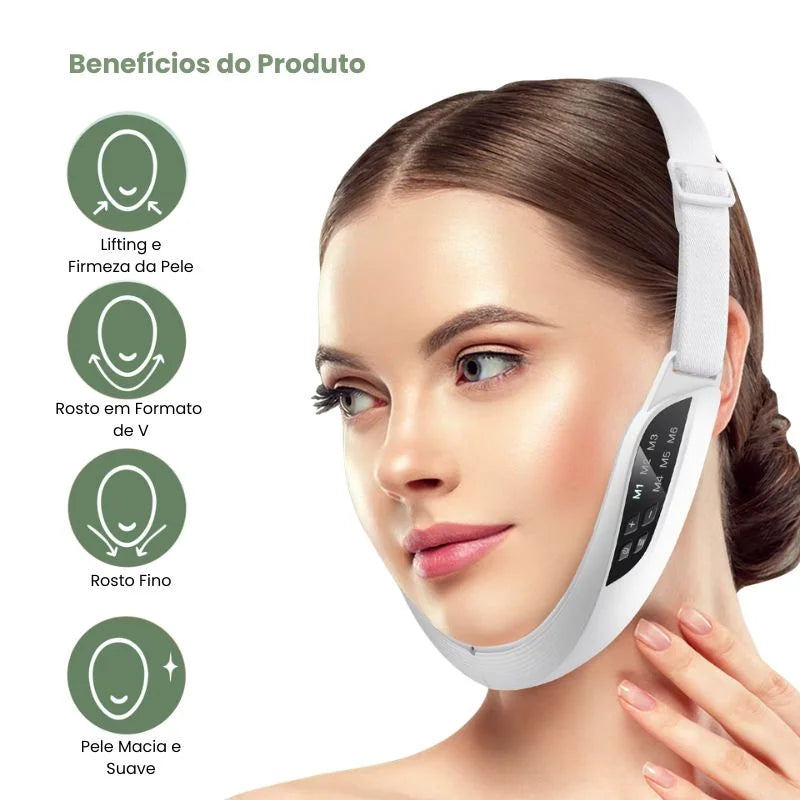 Modelo usando massageador facial elétrico para firmeza facial