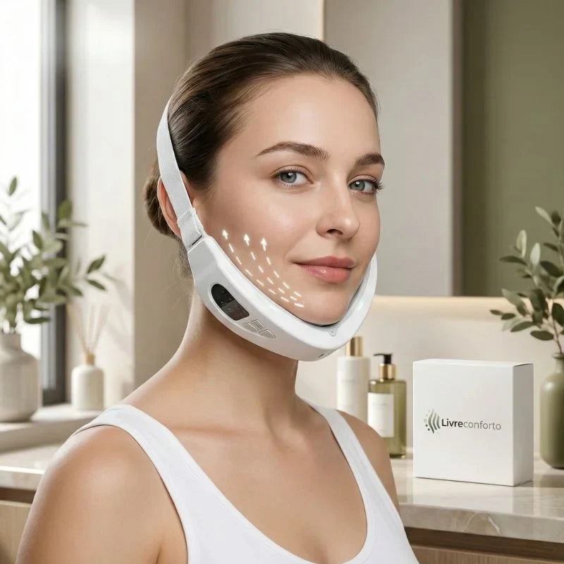 Massageador facial elétrico com EMS em uso no contorno do rosto