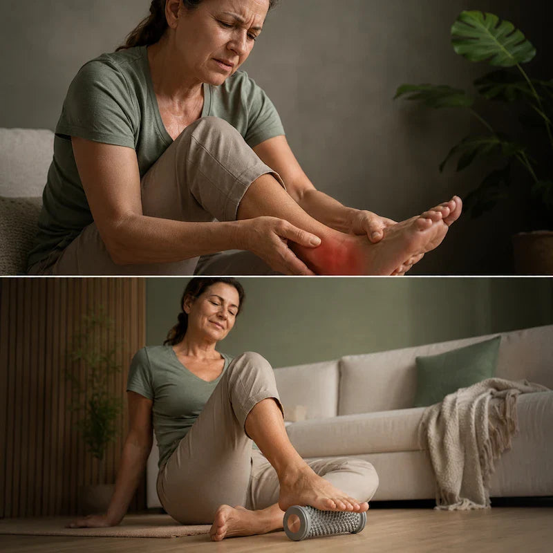 Pessoa aplicando pressão no Rolo Massageador para Pés para mais alívio e conforto.

