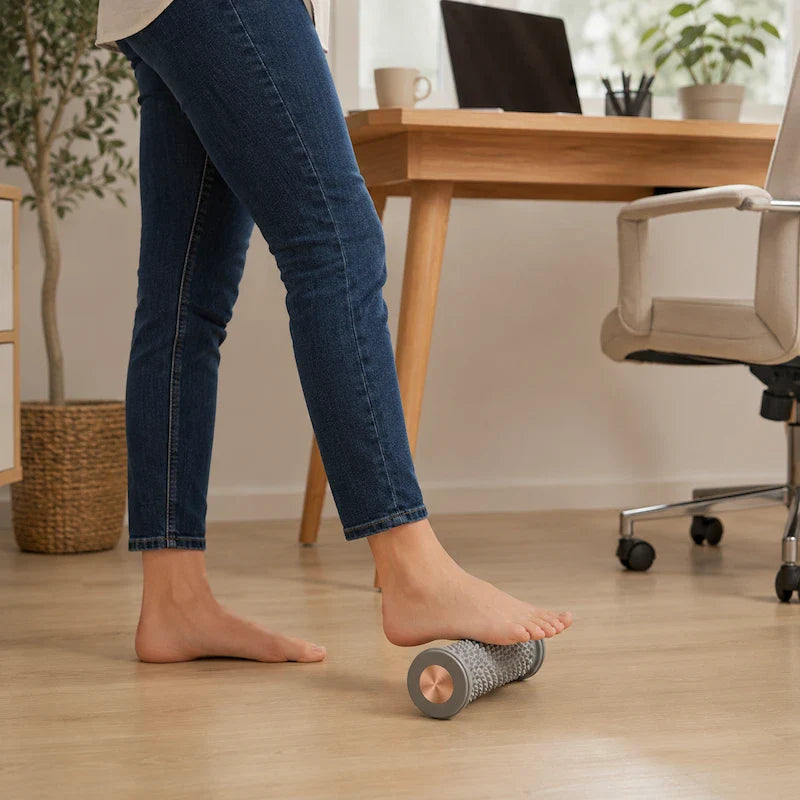 Uso do Rolo Massageador para Pés com foco no conforto e relaxamento dos pés cansados.

