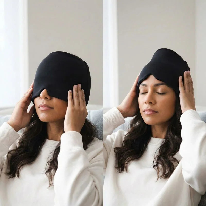 Touca térmica com gel cobrindo cabeça e olhos para sensação de alívio e aconchego